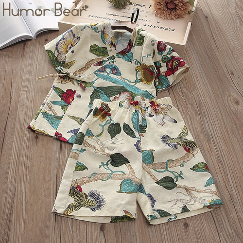 Humor Bear 2019 Summer Girls' Boys' Home Clothing Children's Clothes Japanese-Style Flower T-Shirt + Pants Baby Kids Pajamas Set