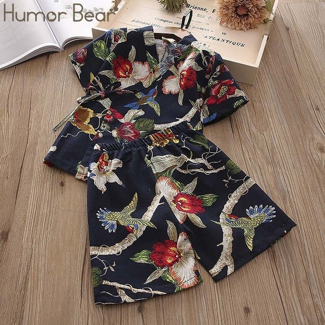 Humor Bear 2019 Summer Girls' Boys' Home Clothing Children's Clothes Japanese-Style Flower T-Shirt + Pants Baby Kids Pajamas Set