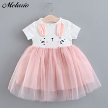 Load image into Gallery viewer, Baby Clothing 2019 New Girls&#39; Summer Solid Color Rabbit Ears Printed T-shirt Spliced Gauze Baby Dresses Baby Girl Dresses