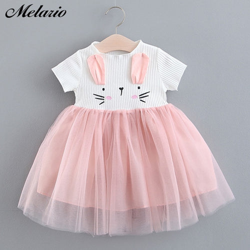 Baby Clothing 2019 New Girls' Summer Solid Color Rabbit Ears Printed T-shirt Spliced Gauze Baby Dresses Baby Girl Dresses