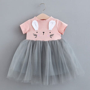 Baby Clothing 2019 New Girls' Summer Solid Color Rabbit Ears Printed T-shirt Spliced Gauze Baby Dresses Baby Girl Dresses