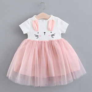 Baby Clothing 2019 New Girls' Summer Solid Color Rabbit Ears Printed T-shirt Spliced Gauze Baby Dresses Baby Girl Dresses