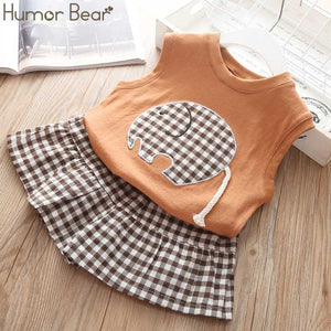 Humor Bear Summer Girls' Clothing Set 2019 New Cartoon Sleeveless top vest+Plaid Bow Short Baby Kids Suit Children's Clothes