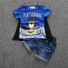 Load image into Gallery viewer, Children Clothing Set New 2016 Baby Boys&#39; Batman Short Sleeved T-shirt + Denim Shorts Suit Removable Cloak Kids Clothes