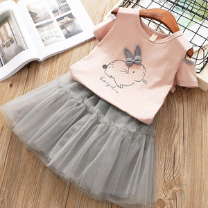 Humor Bear Children Girls' Clothing Set 2019 NEW Baby Girl Clothes Dot Cat Tops +Mesh Skirt Toddler Girls Suit Baby Kids Clothes