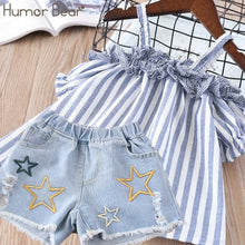 Load image into Gallery viewer, Humor Bear Summer Baby Girls Clothes 2019 Brand New Strap Stripe Pleated lace Girls&#39; Clothing Sets Condole Belt Tops+Pant 2-6Y