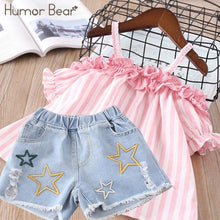 Load image into Gallery viewer, Humor Bear Summer Baby Girls Clothes 2019 Brand New Strap Stripe Pleated lace Girls&#39; Clothing Sets Condole Belt Tops+Pant 2-6Y