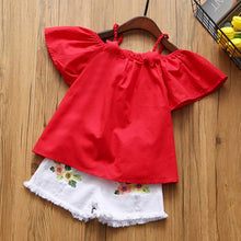 Load image into Gallery viewer, Humor Bear Summer Baby Girls Clothes 2019 Brand New Strap Stripe Pleated lace Girls&#39; Clothing Sets Condole Belt Tops+Pant 2-6Y