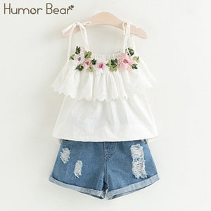 Humor Bear Summer Baby Girls Clothes 2019 Brand New Strap Stripe Pleated lace Girls' Clothing Sets Condole Belt Tops+Pant 2-6Y