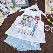 Load image into Gallery viewer, Humor Bear Summer Baby Girls Clothes 2019 Brand New Strap Stripe Pleated lace Girls&#39; Clothing Sets Condole Belt Tops+Pant 2-6Y