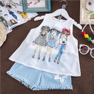 Humor Bear Summer Baby Girls Clothes 2019 Brand New Strap Stripe Pleated lace Girls' Clothing Sets Condole Belt Tops+Pant 2-6Y