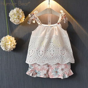 Humor Bear Summer Baby Girls Clothes 2019 Brand New Strap Stripe Pleated lace Girls' Clothing Sets Condole Belt Tops+Pant 2-6Y