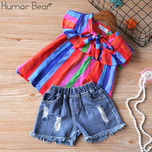 Load image into Gallery viewer, Humor Bear Summer Baby Girls Clothes 2019 Brand New Strap Stripe Pleated lace Girls&#39; Clothing Sets Condole Belt Tops+Pant 2-6Y