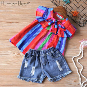 Humor Bear Summer Baby Girls Clothes 2019 Brand New Strap Stripe Pleated lace Girls' Clothing Sets Condole Belt Tops+Pant 2-6Y