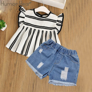 Humor Bear Summer Baby Girls Clothes 2019 Brand New Strap Stripe Pleated lace Girls' Clothing Sets Condole Belt Tops+Pant 2-6Y