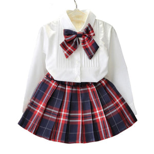 Humor Bear Autumn Kids Baby Girl Clothes Cute Bow Plaid Long Sleeve T-shirt+ Skirt  2Pcs Suits Student Girls' Clothing Sets