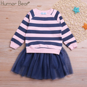 Humor Bear Autumn Kids Baby Girl Clothes Cute Bow Plaid Long Sleeve T-shirt+ Skirt  2Pcs Suits Student Girls' Clothing Sets