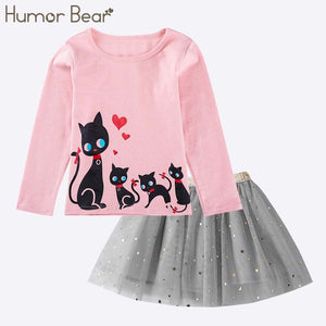 Humor Bear Autumn Kids Baby Girl Clothes Cute Bow Plaid Long Sleeve T-shirt+ Skirt  2Pcs Suits Student Girls' Clothing Sets