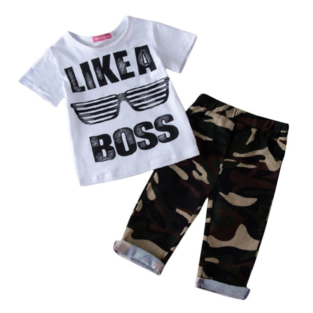 Toddler Kid Baby Boys\' Summer Clothes Short Sleeve BOSS Letter Print T-shirt Tops+Pants Casual Outfit Set Summer Clothing