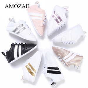 2019 Baby Shoes Newborn Boys Girls Two Striped First Walkers Kids Toddlers Lace Up PU Leather Soft Soles Sneakers 0-18 Months