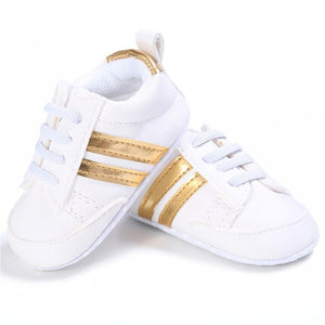 2019 Baby Shoes Newborn Boys Girls Two Striped First Walkers Kids Toddlers Lace Up PU Leather Soft Soles Sneakers 0-18 Months