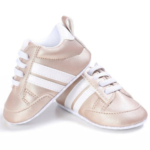 2019 Baby Shoes Newborn Boys Girls Two Striped First Walkers Kids Toddlers Lace Up PU Leather Soft Soles Sneakers 0-18 Months