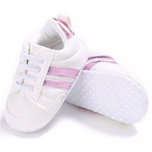 Load image into Gallery viewer, 2019 Baby Shoes Newborn Boys Girls Two Striped First Walkers Kids Toddlers Lace Up PU Leather Soft Soles Sneakers 0-18 Months