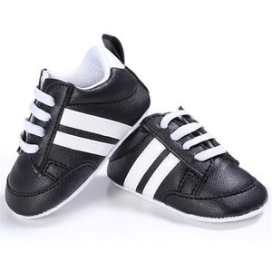 2019 Baby Shoes Newborn Boys Girls Two Striped First Walkers Kids Toddlers Lace Up PU Leather Soft Soles Sneakers 0-18 Months