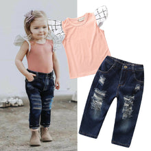 Load image into Gallery viewer, AU New Toddlers Kids Baby Girls&#39; Clothing Sets 2019 Summer Cotton Fly Sleeve T-shirt Tops+Denim Pants 2PCS Clothes Outfit Set