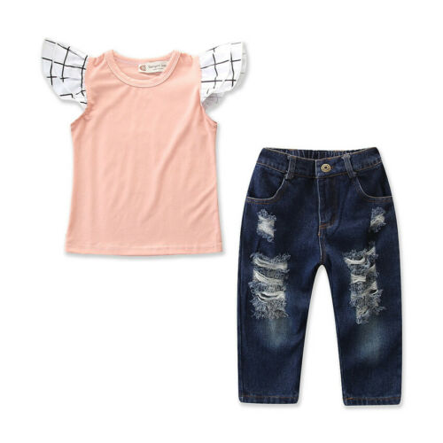 AU New Toddlers Kids Baby Girls' Clothing Sets 2019 Summer Cotton Fly Sleeve T-shirt Tops+Denim Pants 2PCS Clothes Outfit Set