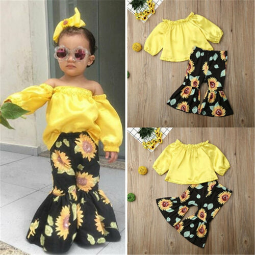 Newborn Baby Girl Clothes Yellow Tops Flare Trousers With Sun Flower Patterns For Baby Girls' Clothing Sets