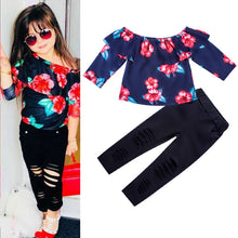 Load image into Gallery viewer, Girls&#39; suits The latest fashion children&#39;s clothing print tube top long sleeve + cotton Trousers hole children&#39;s clothing