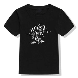 Never Grow Up Summer Girls Boys Short Sleeve Kids Clothes Tee Baby T Shirt Tops Children's Clothing Girls Boys' T-shirts Casual