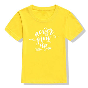 Never Grow Up Summer Girls Boys Short Sleeve Kids Clothes Tee Baby T Shirt Tops Children's Clothing Girls Boys' T-shirts Casual