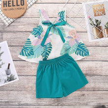Load image into Gallery viewer, Baby Girl Clothes 2019 Hot Summer New Girls' Sleeveless Leaves Printed Bowknot Tops+Shorts Clothing Sets Kids Bay clothes