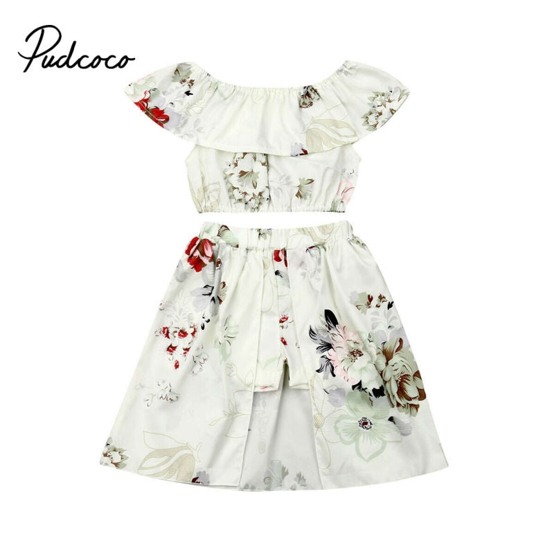 pudcoco Baby Girl Clothes 2019 Hot Summer New Girls' Clothing Sets Kids Bay clothes Toddler Chiffon Flower Crop Tops+ Skirts