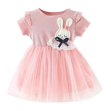 Load image into Gallery viewer, Baby Girls Clothing 2019 New Cute Girls&#39; Summer Solid Color Rabbit Ears Printed T-shirt Spliced Gauze Dresses Baby Girl Dresses