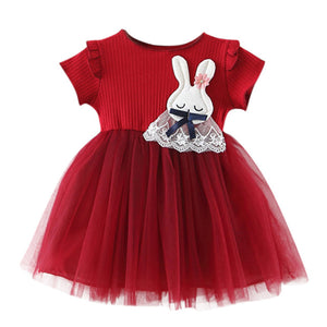 Baby Girls Clothing 2019 New Cute Girls' Summer Solid Color Rabbit Ears Printed T-shirt Spliced Gauze Dresses Baby Girl Dresses