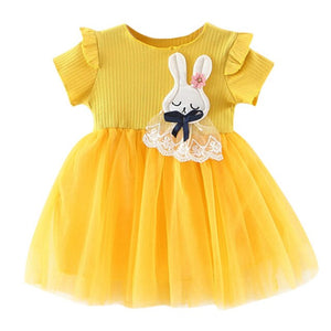 Baby Girls Clothing 2019 New Cute Girls' Summer Solid Color Rabbit Ears Printed T-shirt Spliced Gauze Dresses Baby Girl Dresses