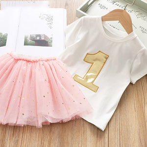 Girls' Clothing Sets 2019 Summer New Embroidered Number Short Sleeve Top T-shirt+Mesh Skirt 2PCS Set Baby Girls Clothing