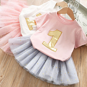 Girls' Clothing Sets 2019 Summer New Embroidered Number Short Sleeve Top T-shirt+Mesh Skirt 2PCS Set Baby Girls Clothing