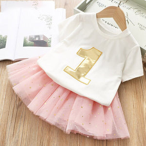 Girls' Clothing Sets 2019 Summer New Embroidered Number Short Sleeve Top T-shirt+Mesh Skirt 2PCS Set Baby Girls Clothing