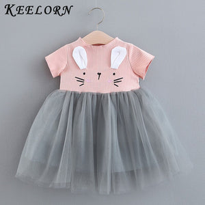 Keelorn Baby Clothing 2019 New Girls' Summer Solid Color Rabbit Ears Printed T-shirt Spliced Gauze Baby Girl Dresses