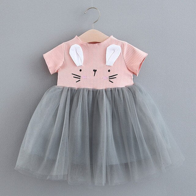 Keelorn Baby Clothing 2019 New Girls' Summer Solid Color Rabbit Ears Printed T-shirt Spliced Gauze Baby Girl Dresses