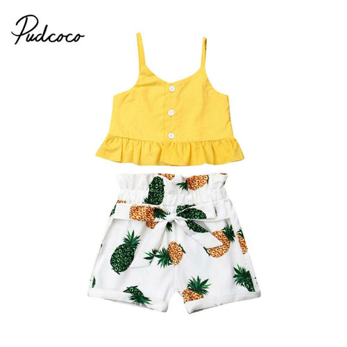 Summer Baby Girls Clothes 2019 Brand New Fine Strap Pineapple Bow-knot Belt Girls' Clothing Sets Tops+Shorts 6M-5Y 80-120