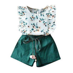 Baby Girls Clothes Summer New Girls' Clothing Sets Toddler Kids Flower Print O-neck T-shirt Top+Green Belt Shorts Outfits 2-7Y