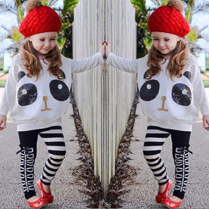 Kids Girls New  Clothing Sets 2019 Baby Panda Sequined Tops T-Shirt + Striped Bow Pants Costume  Girls' Sportswear 1-7Y