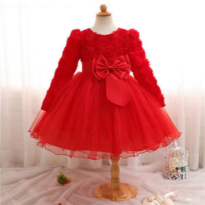 Red Floral Christening Gown Baby Girl Bows Dresses Girls' Dress Vestidos Infantis Party Dress Clothing Autumn Winter Long Sleeve