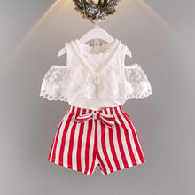 Load image into Gallery viewer, New Baby Girls Bebe Clothes 2019 Brand Bow Stripe Pleated Lace Princess Fashion Girls&#39; Clothing Sets Condole Belt Tops+Pant 2-6Y