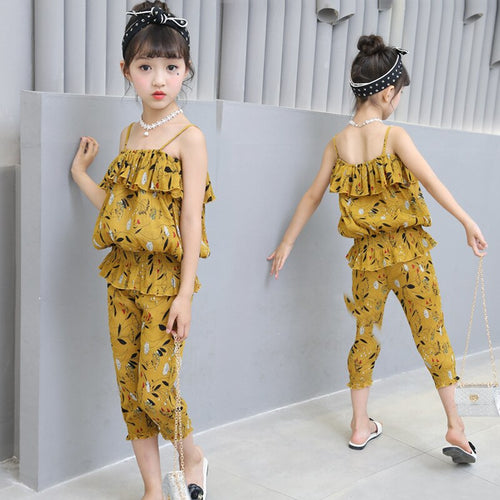 Girls' Summer Clothing 2018 New Cute Fashion Plus Size Flower Princess Sling T-shirt + Chiffon Seven Pants Two Piece.